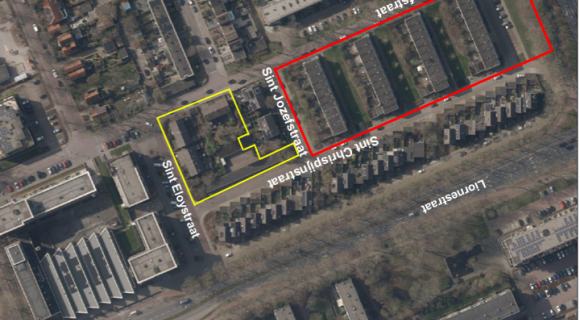 Op de kaart is het plangebied in Hoorn-Noord weergegeven. Het rood omcirkelde gebied laat de locatie zien waar Intermaris nieuwe woningen wil ontwikkelen. Het gele gebied geeft de locatie aan waar Omring een appartementencomplex met zorgappartementen wil realiseren.