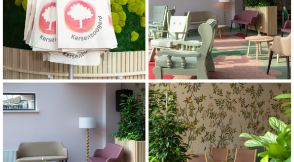 Collage van de huiskamer voor de buurt in Betsy Perk met zitgedeeltes, tafels, fauteuils, planten, wanddecoratie en draagtassen van Kersenboogerd.