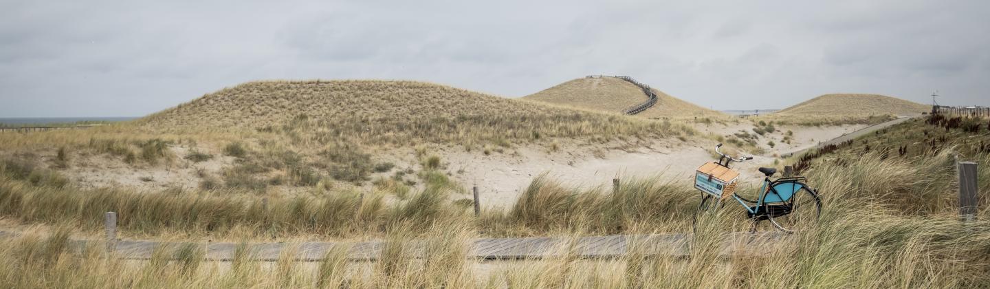 De fiets van Omring thuiszorg staat in de duinen van Den Helder.
