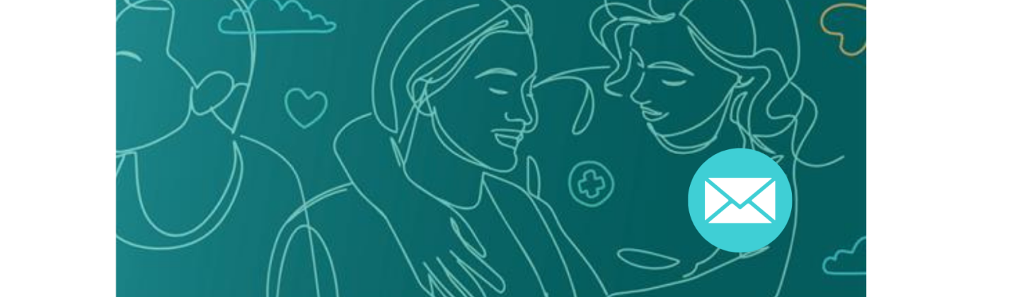 Illustratie van twee vrouwen waarvan één een zuster is, met een bolletje met het email logo 