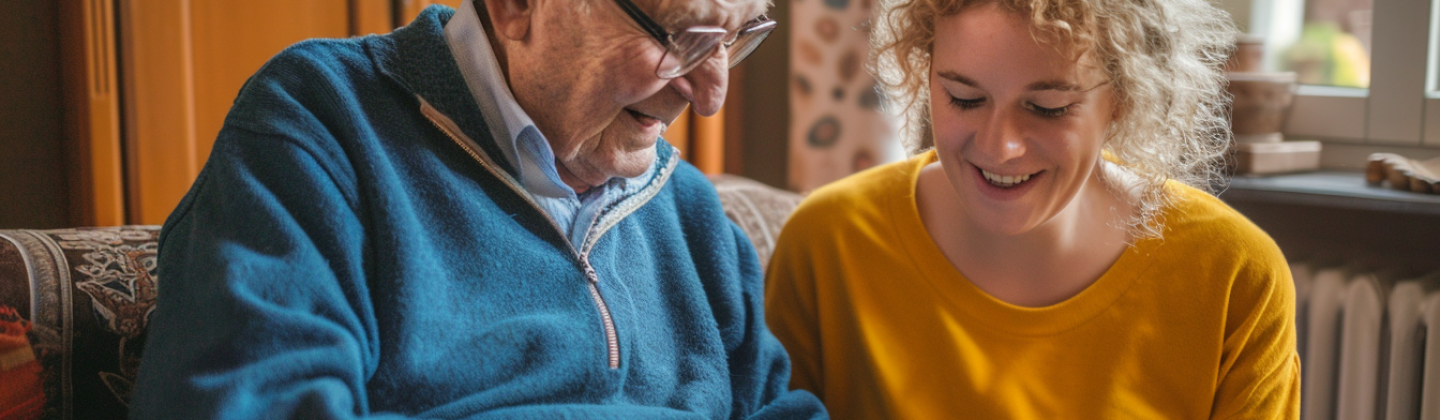 Cliënt en vrijwilliger met tablet in hand