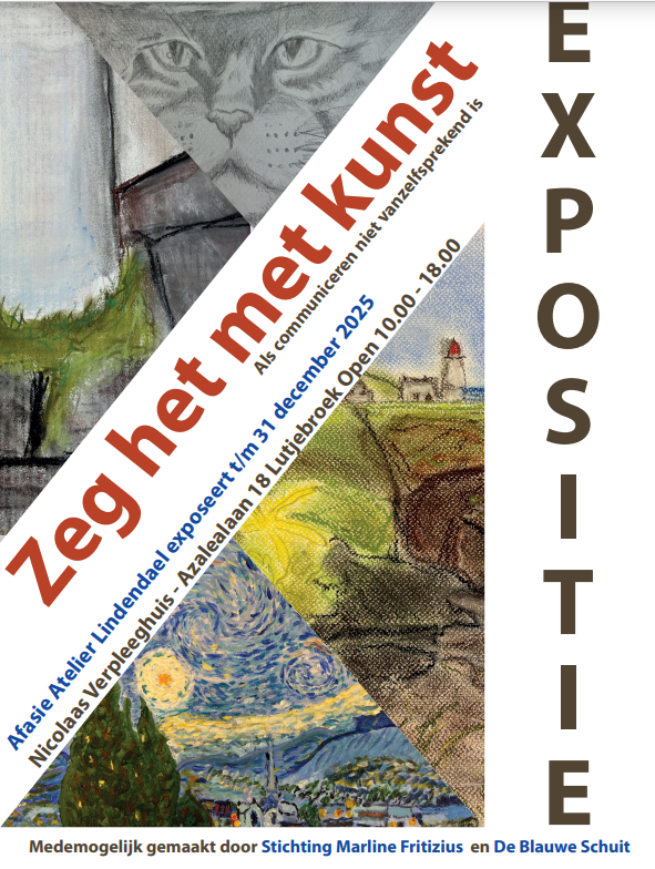 Poster van de expositie 'Zeg het met kunst', waarop een collage van verschillende kunstwerken te zien is.