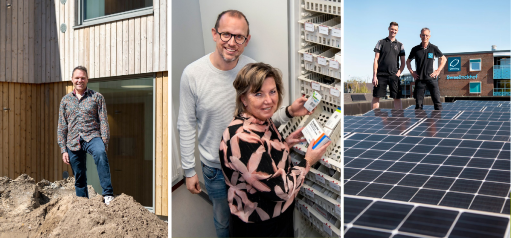 Drie foto's van medewerkers van Omring die op een duurzame manier werken: in de bouw van een nieuwe locatie, twee collega's die zich inzetten tegen verspilling van medicijngebruik en twee collega's bij zonnepanelen.