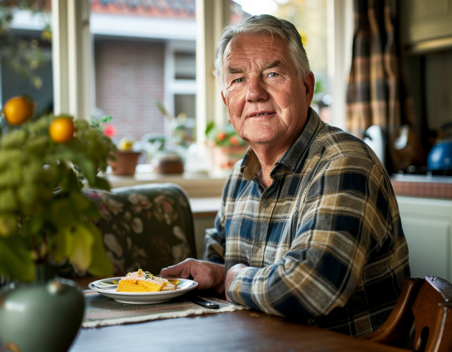 Edwin zit aan tafel te eten